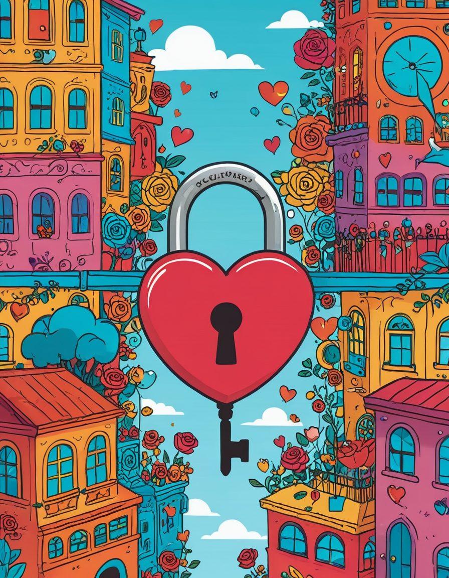A whimsical illustration of a heart-shaped key unlocking a vibrant and colorful padlock, surrounded by playful symbols of dating like chat bubbles, roses, and cocktails. In the background, a lively cityscape representing casual connections, with diverse couples laughing and enjoying themselves. Bright and inviting colors fill the scene, evoking a sense of joy and excitement in love. cartoon style. vibrant colors.