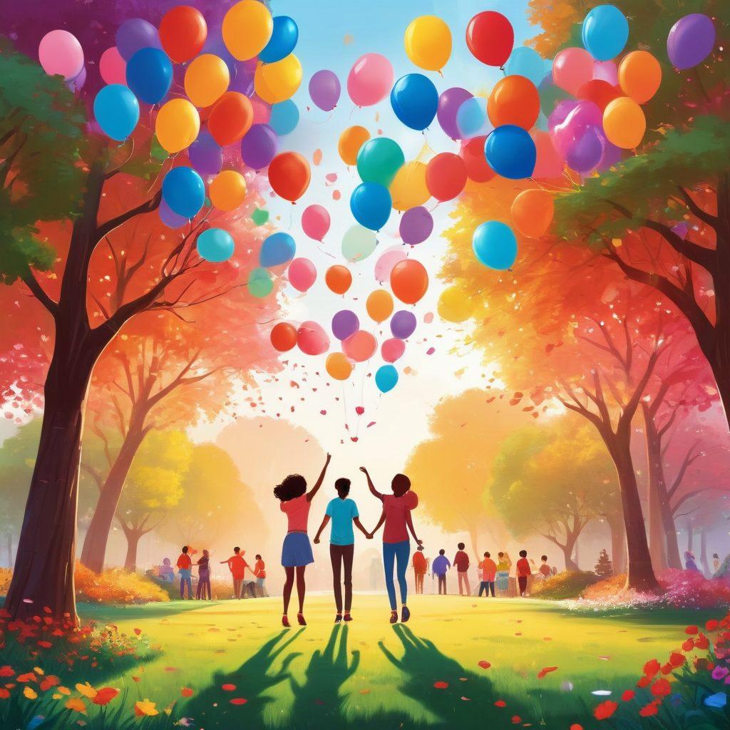 A vibrant and warm illustration depicting a diverse group of people happily interacting in a lush park setting, engaging in various activities like sharing stories, playing games, and making connections. Include heart shapes subtly integrated into the background and colored balloons floating in the air to symbolize friendship and love. The atmosphere should feel inviting and joyful, with soft, glowing sunlight enhancing the scene. vector art. vibrant colors. cheerful mood.