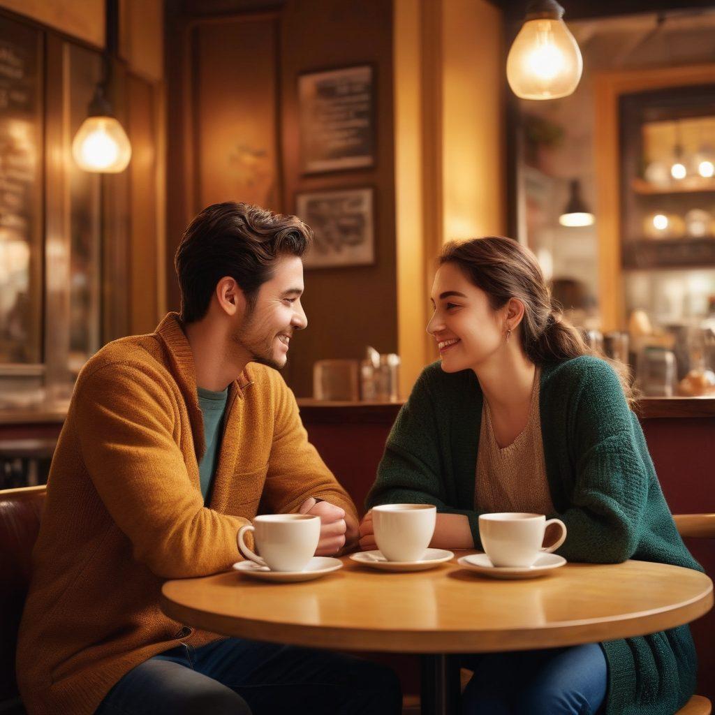 A playful, intimate scene featuring two young adults engaging in flirtatious banter over coffee at a cozy cafe, with soft smiles and expressive body language. Include subtle hearts or sparks floating around them to signify chemistry, and soft lighting to create a warm, inviting atmosphere. The background should feature stylish decor and other patrons enjoying their moments. super-realistic. vibrant colors. soft focus.